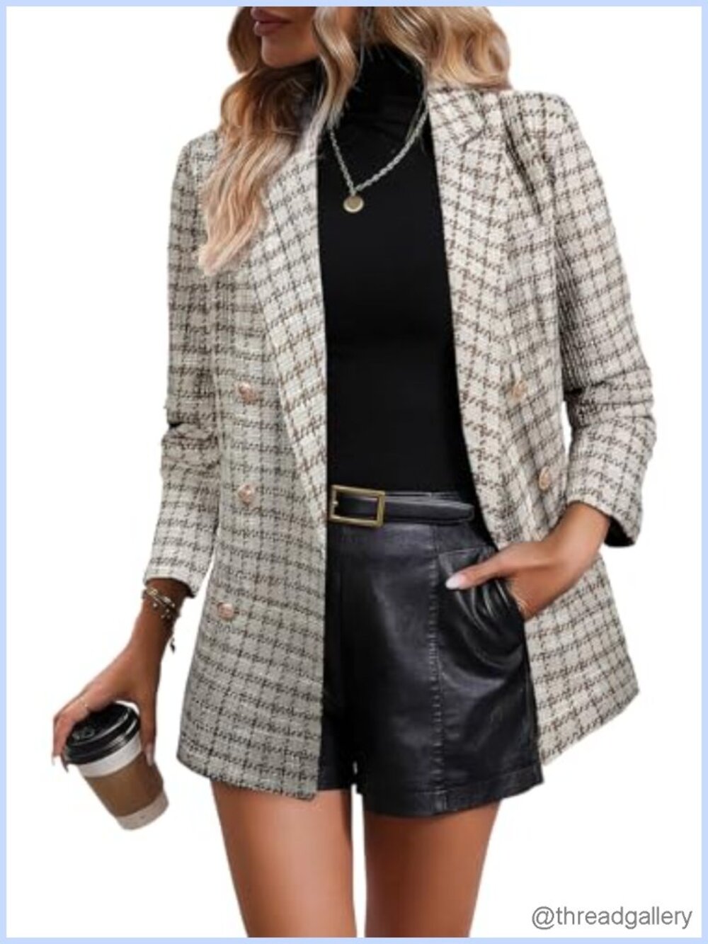 Plaid Tweed Blazer Double Breasted Long Sleeve Open Front Business Casual